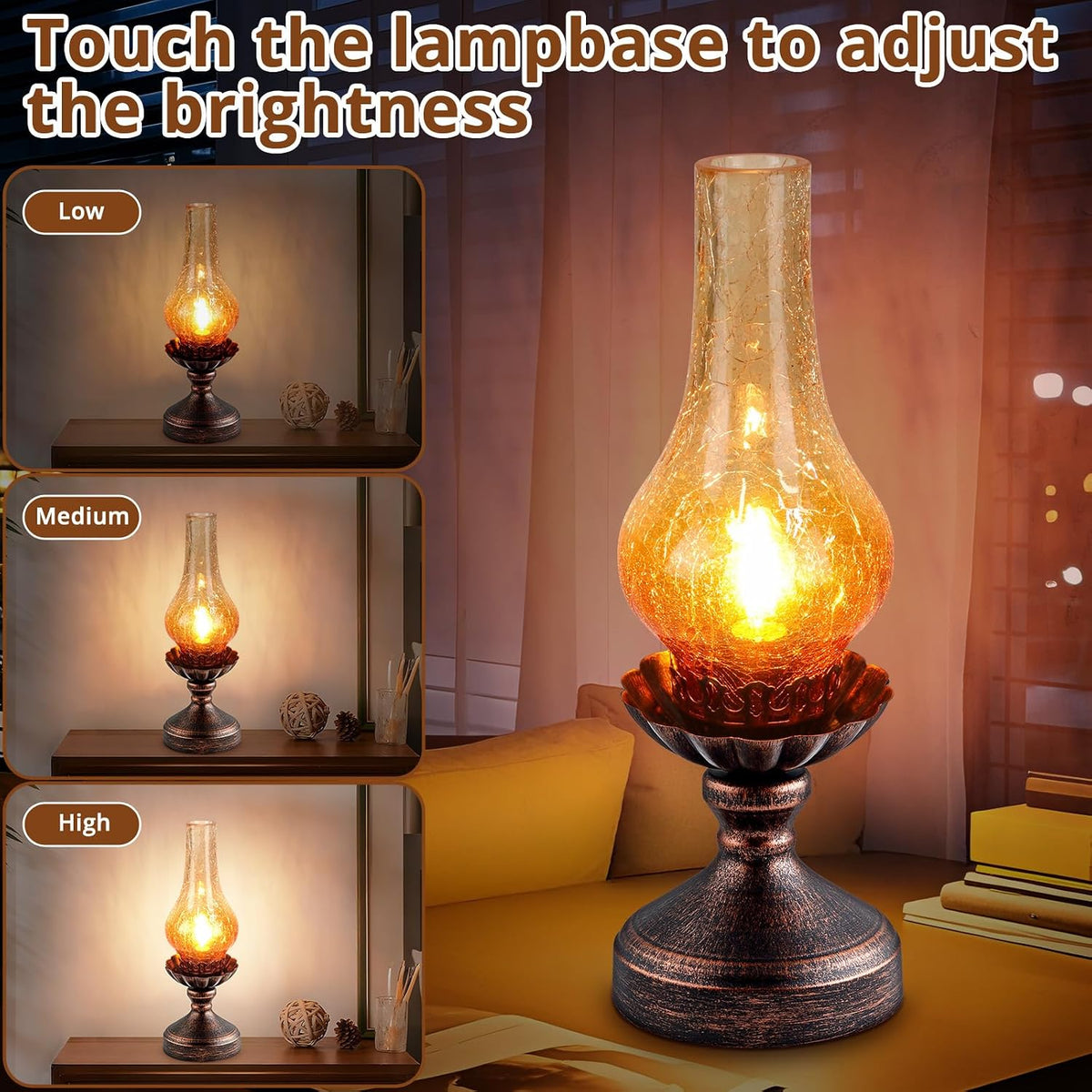 Vintage Table Lamp with Amber Gradient Crackle Glass Shade,Touch Control & 3-Way Dimmable Rustic Retro Farmhouse Bedside Lamp for Bedroom, Living Room, Cabin, Office (2700K LED Candle Bulb Included)