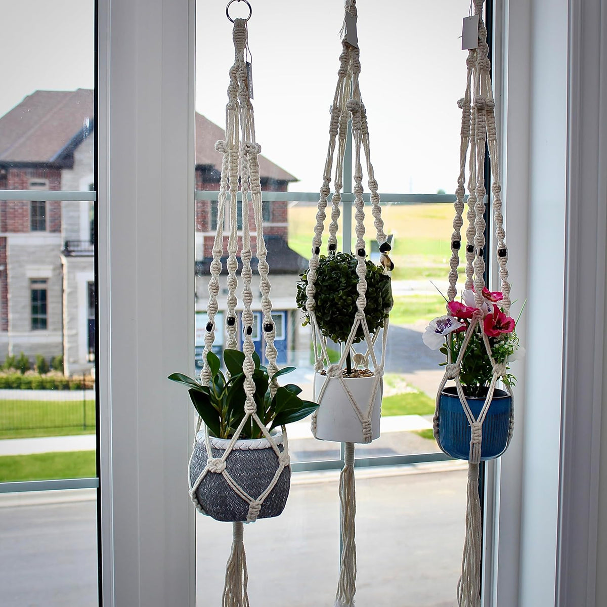 Macrame Plant Hangers Set of 3 – Handmade 39-Inch Indoor/Outdoor Hanging Planters in Ivory with Beads, Boho Home Decor for Pots up to 9 Inches (Pots Not Included)
