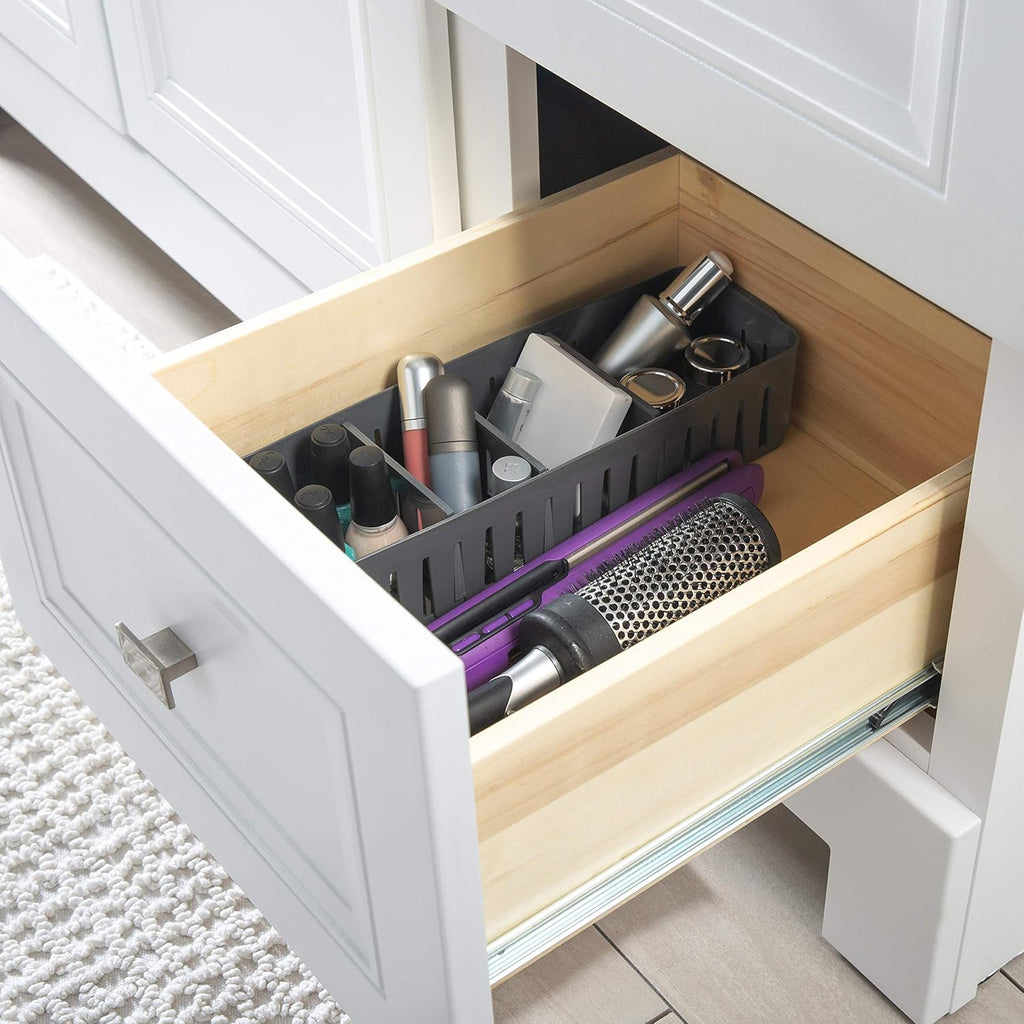 Simplify 4 Compartment Stackable Bin with Adjustable Dividers | Drawer Organizer | Storage Basket | Good for Office | Desk Supplies | Dorm |Bathroom | Accessories | Make Up | Grey
