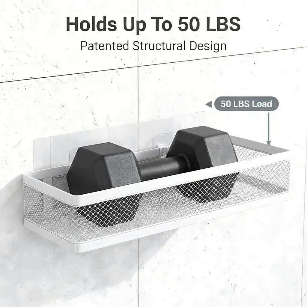 PUSDON 16.5-Inch Extra Long Slim Mesh Shower Caddy, Wall Mounted Bathroom Organizer with Adhesive, Heavy Duty Rustproof Shelf for Narrow Kitchen Pantry & RV, Holds 50 LBS 2-Pack - White Netting