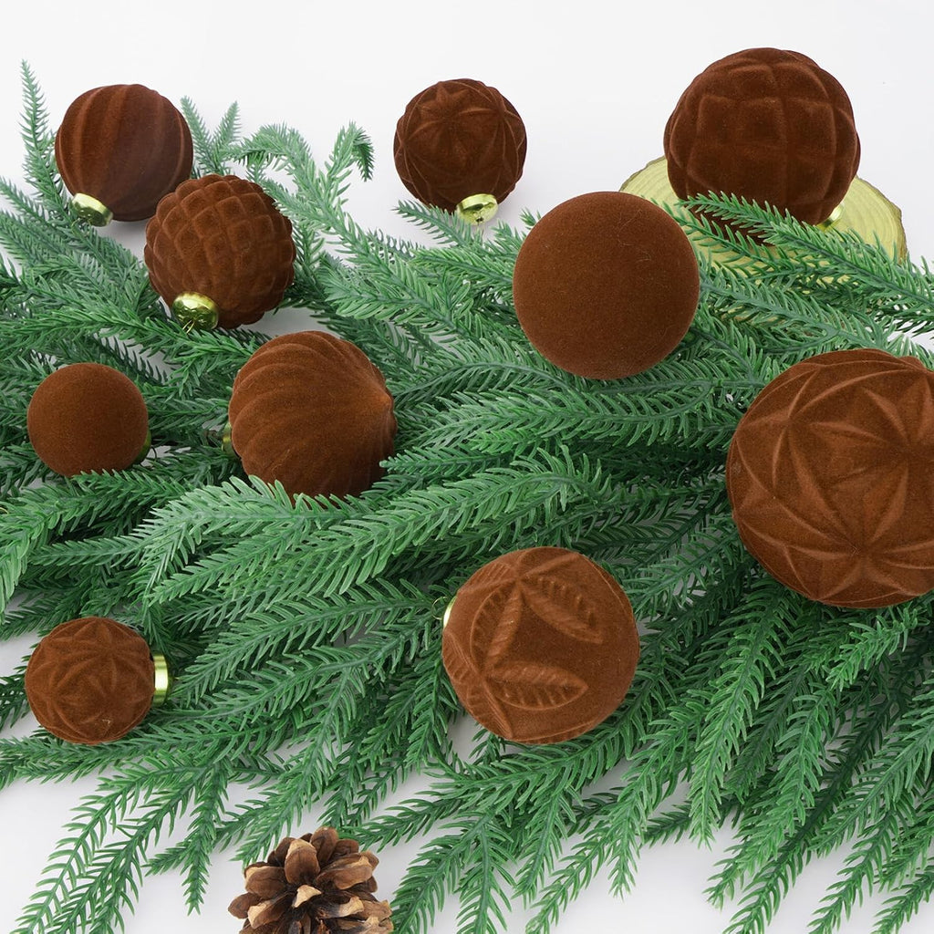 46PCS Velvet Christmas Ball Ornaments Set, Flocked Shatterproof Xmas Tree Decor, Assorted Hanging Ornaments with Loop for Holiday Home Decor, Christmas Tree Decoration (Brown)
