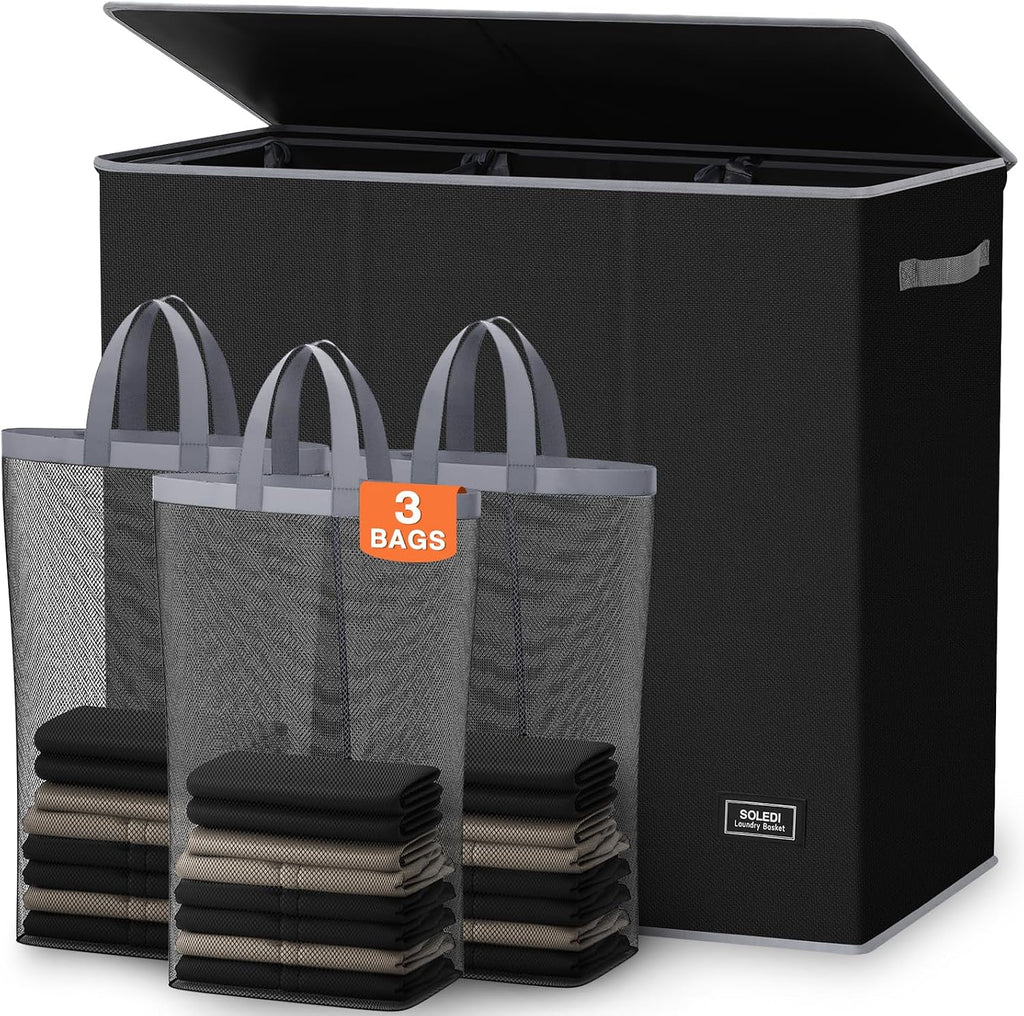 SOLEDI Large Laundry hamper 3 Section with Lid, 180L Laundry Basket, Black