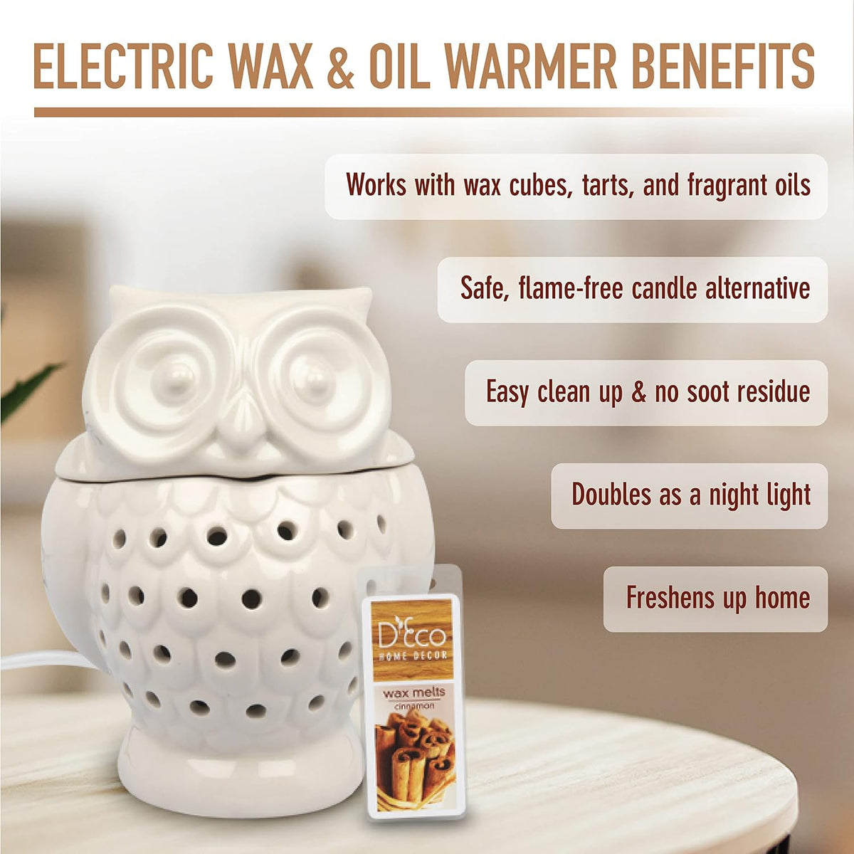 D'Eco Owl Electric Wax Melt & Candle Warmer with 4 Fragrance Cinnamon Cubes