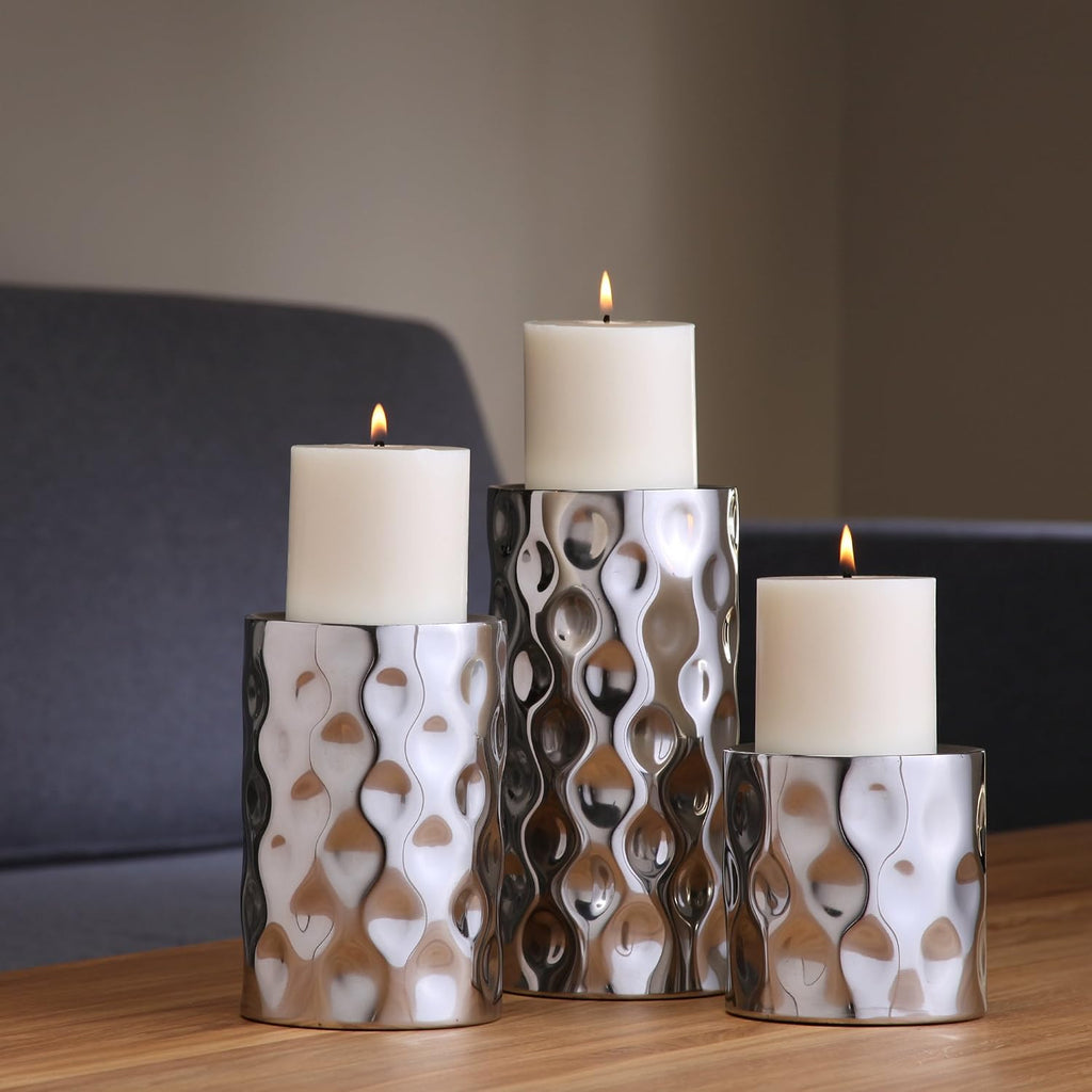 Hosley Set of 3 Silver Pillar Candle Holders – 3", 5", 7" High Decorative Metal Stand with Modern Pebble Pattern Design for Wedding Centerpieces, Holiday Décor, Parties, Table Accents