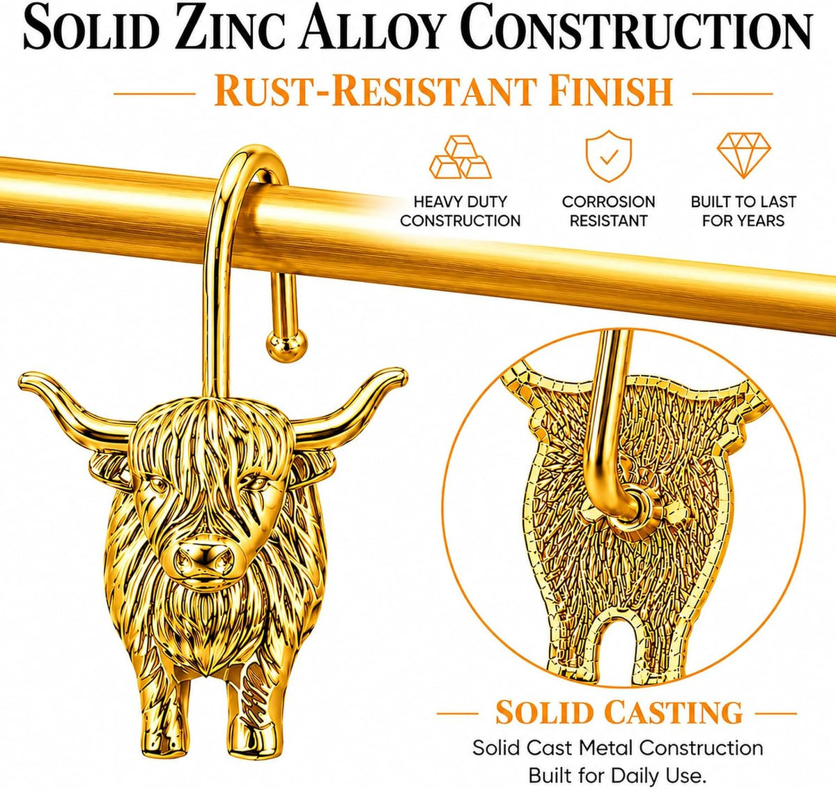 Highland Cow Shower Curtain Hooks, Rust-Resistant Zinc Alloy Metal Hooks, Farmhouse Bathroom Decor, 12 Pack (Gold)