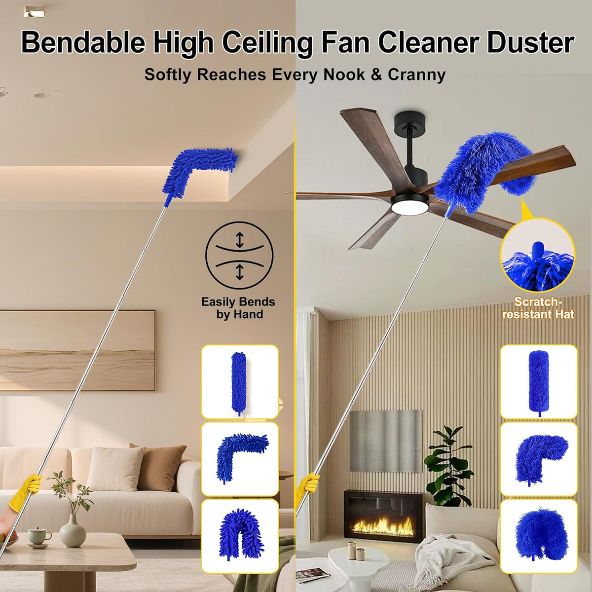 Tiumso Dusters for Cleaning,Microfiber Feather Duster 5-in-1 Kit, Duster with Extension Pole 100 Inches, Cobweb Duster, Microfiber Dusters for High Ceilings and Fans, Blinds and Cars