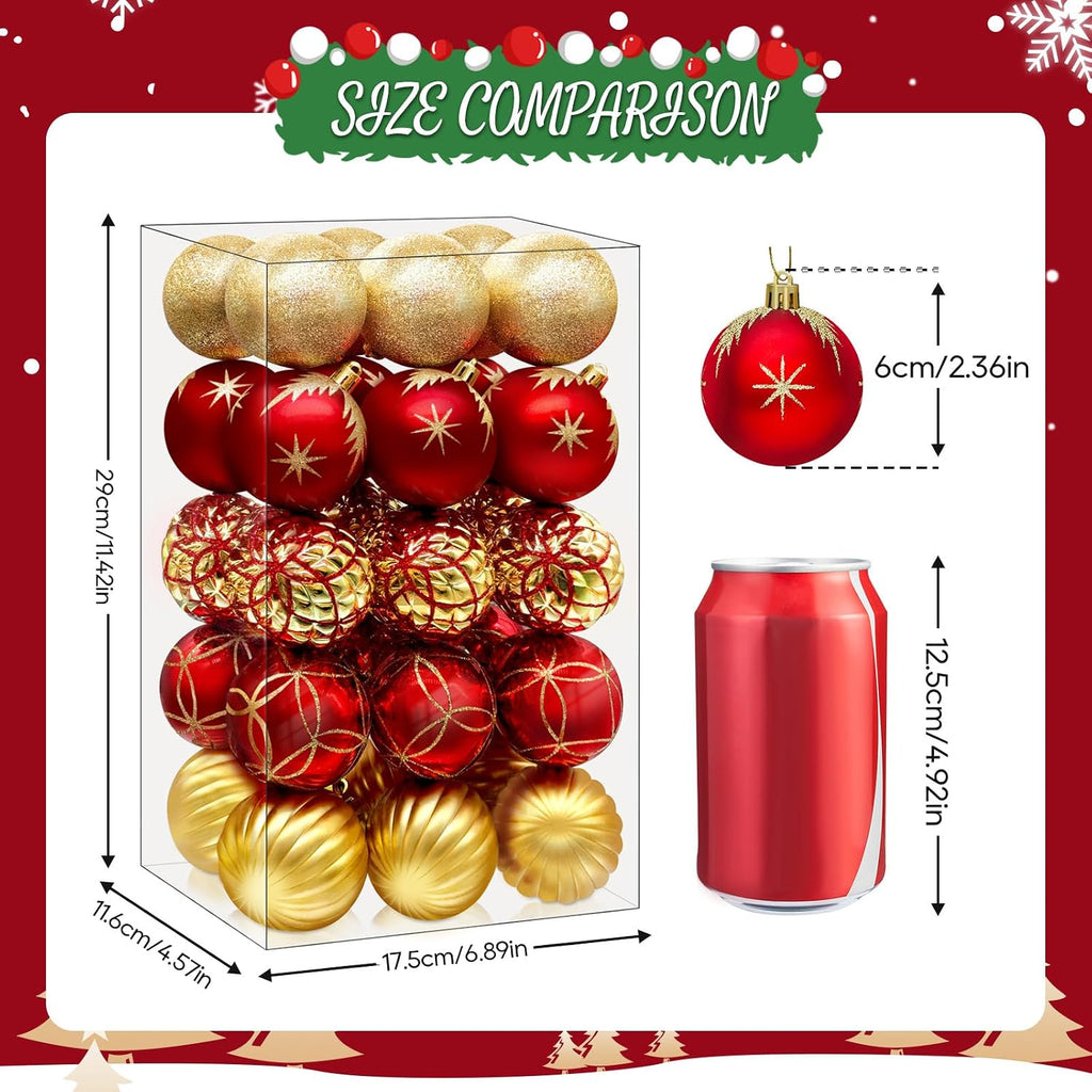 2.5 Inch Christmas Ball Ornaments, 30-Piece Set, Red, Gold