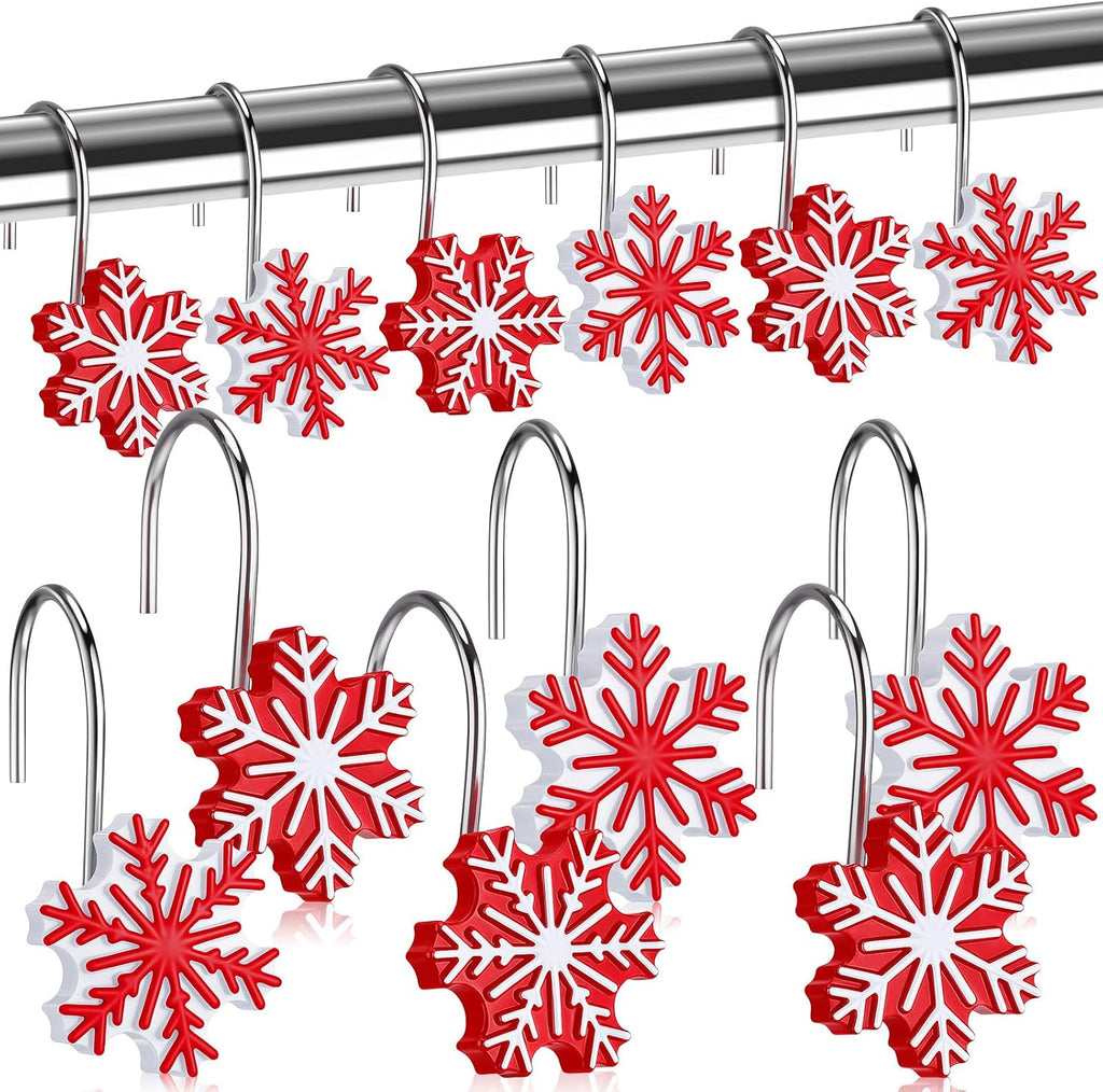 CroBlissful 12 Pcs Christmas Winter Snowflake Shower Curtain Hooks 4 Styles Snowflakes Curtain Hangers Hooks Red White Winter Decorative Rings for Bathroom Restroom Rods Wall Decor