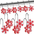 CroBlissful 12 Pcs Christmas Winter Snowflake Shower Curtain Hooks 4 Styles Snowflakes Curtain Hangers Hooks Red White Winter Decorative Rings for Bathroom Restroom Rods Wall Decor