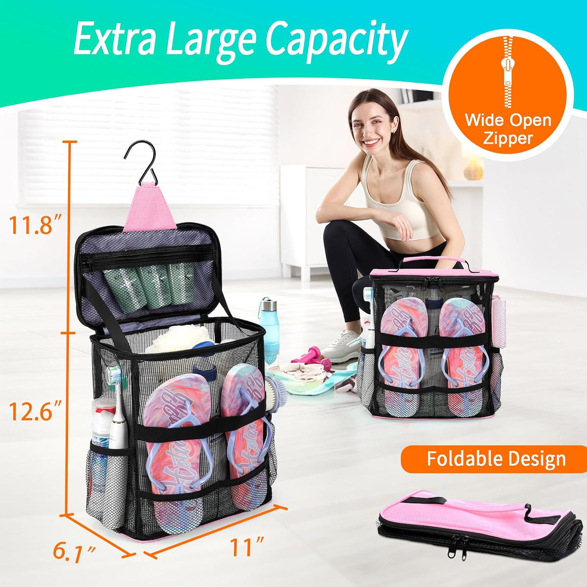 Dorm Room Essentials for Girls, Mesh Shower Caddy Hanging, Large Capacity Toiletry Bag for Women, Quick Dry Shower Bag for Camping, Cruise, Travel Essentials, Christmas Birthday Gifts for Women Girls