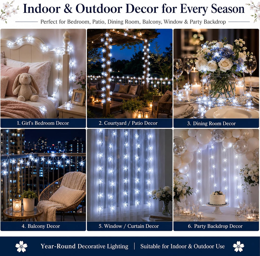 33ft 100 LED Plug in White Cherry Blossom Christmas Flower String Lights
