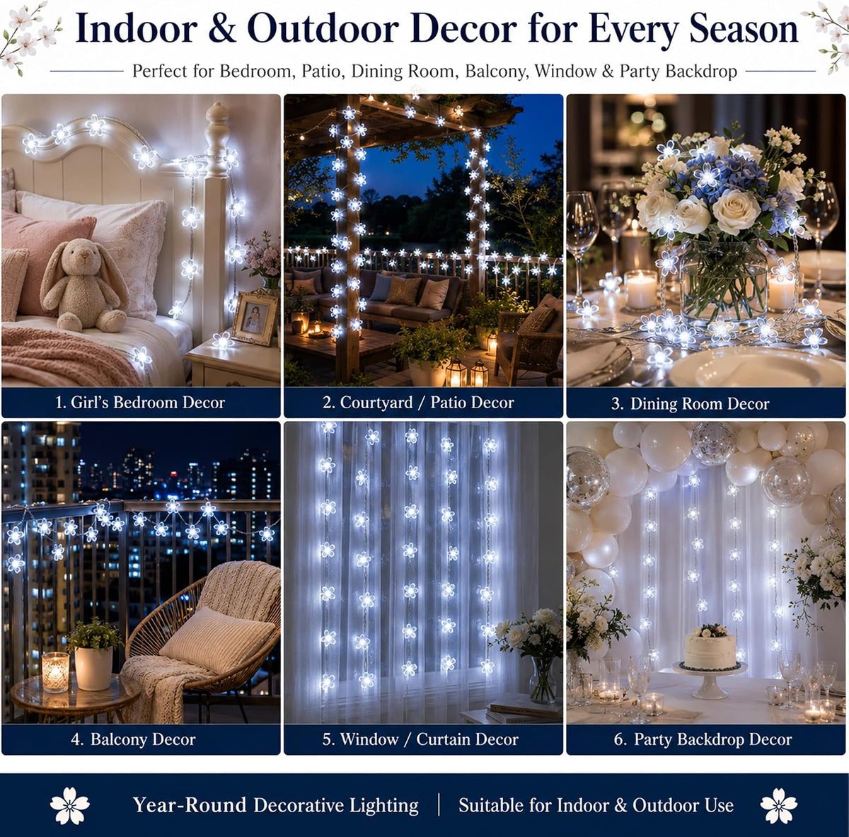 33ft 100 LED Plug in White Cherry Blossom Christmas Flower String Lights