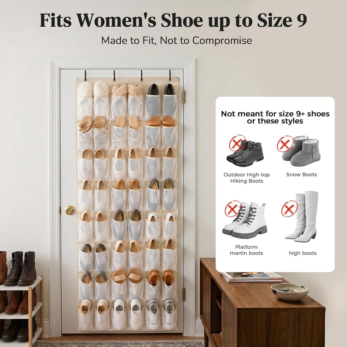 48 Pockets Over the Door Shoe Organizer, Fits Women's Shoes Up to US Size 9, 6-Column Heavy Duty Shoe Storage for Sneakers & Heels, Mesh Hanging Rack for Entryway, Bedroom & Dorm, Beige