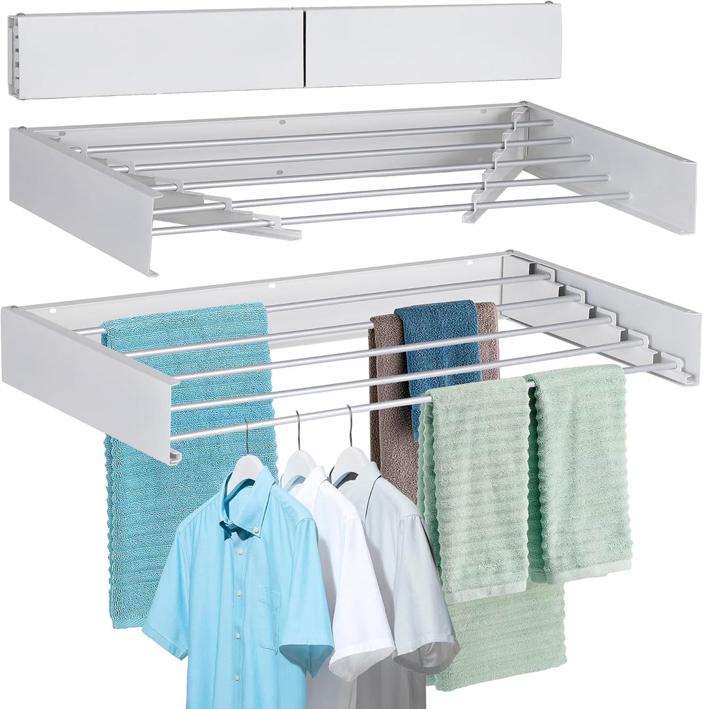 FOCHIER F Laundry Drying Rack Wall Mounted Clothes Drying Rack Collapsible with 5 Aluminum Rods and Drilling Template Long Screwdriver Bit 60 lbs Capacity (White, 31.5")