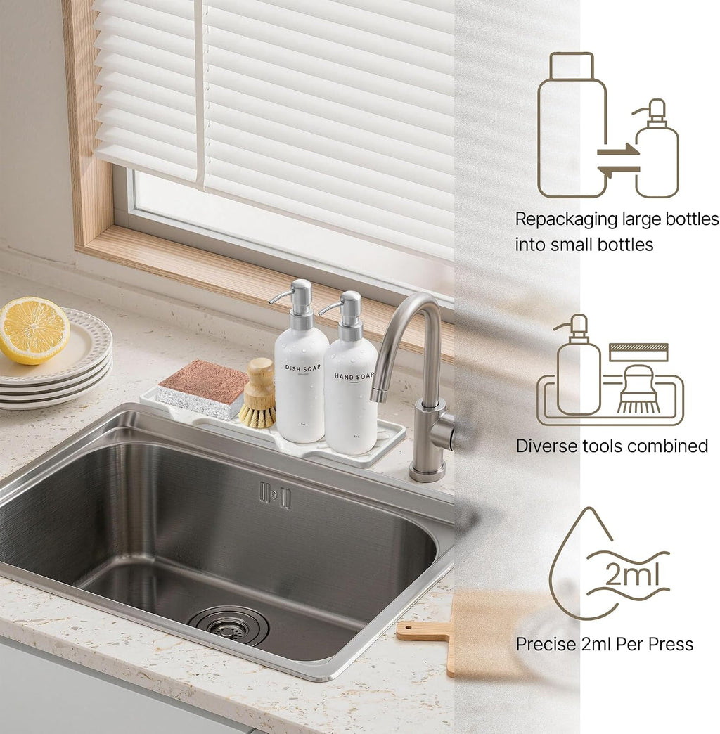 Kitchen Soap Dispenser Set with Self Draining Silicone Tray, Silver