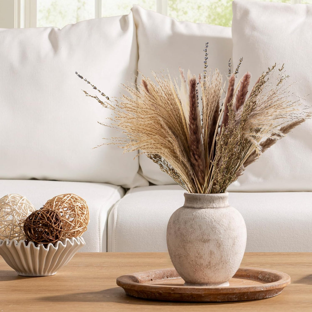 Ceramic Flower Vase, Rustic Farmhouse Decorative Vase Pottery Pampas Grass Vases for Home Decor Table Living Room Entryway Mantel Bookshelf Bedroom Bathroom Kitchen - 7.4" D