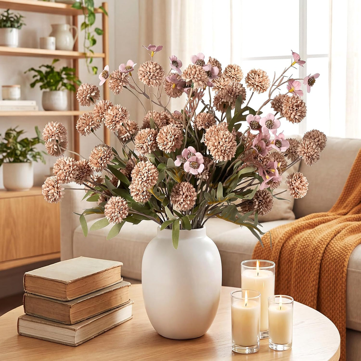 Mixed 10 Pcs Artificial Pompon Mum Set-8 Chrysanthemum & 2 Rose Red Daisy, Brown Silk Faux Flower for Vase Fall Floral Arrangements Wedding Centerpiece DIY Home Indoor Outdoor Decor (No Vase)