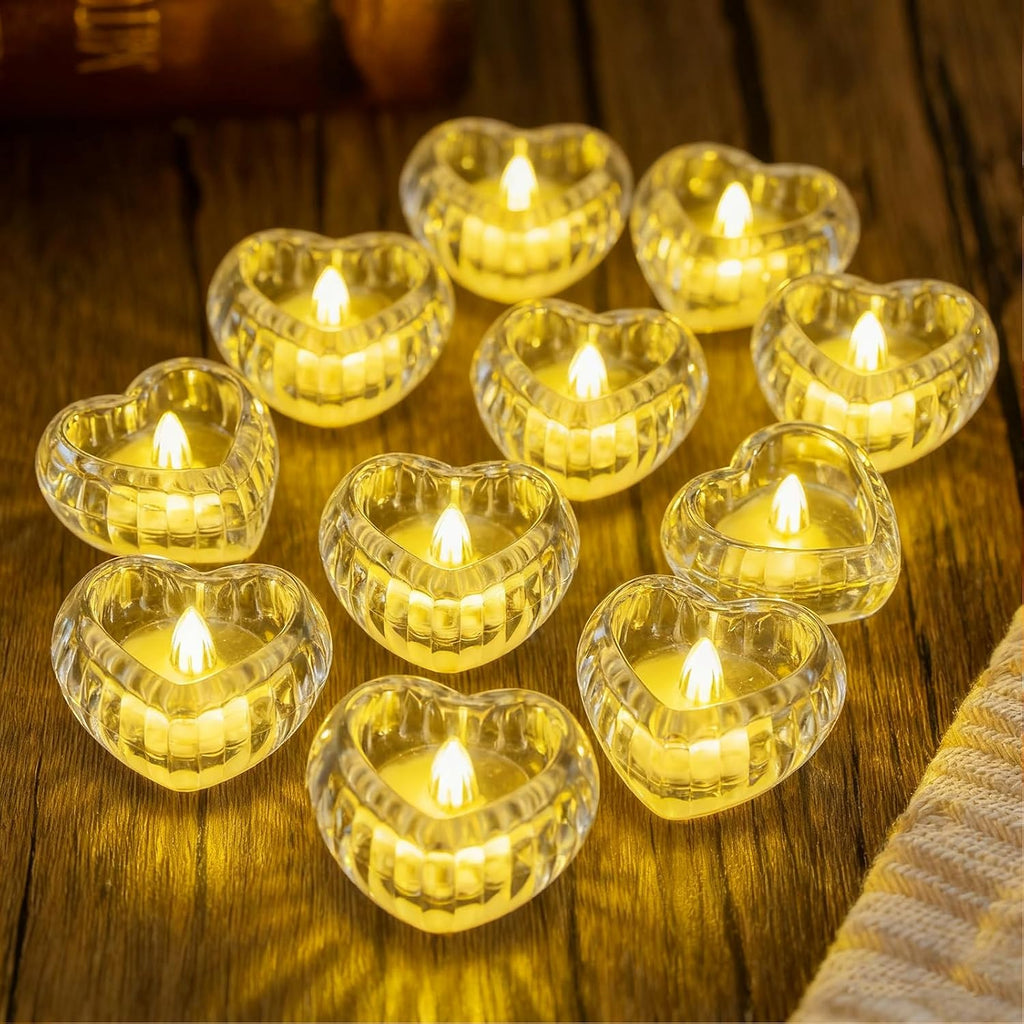 AVEKI 12 Pack Crystal Flameless Tea Lights Candles Battery Operated, Heart-Shaped Flameless Tealight Candles for Halloween Christmas Wedding Party Home Decor (Heart)