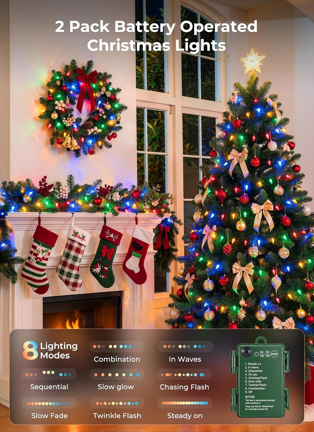 2 Pack C6 Battery-Operated-Christmas-Lights 100LED Multicolor String Lights