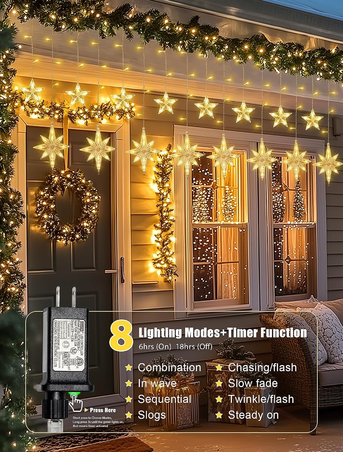 126 LED Star Icicle Lights,7.8ft Window Curtain Lights Plug in