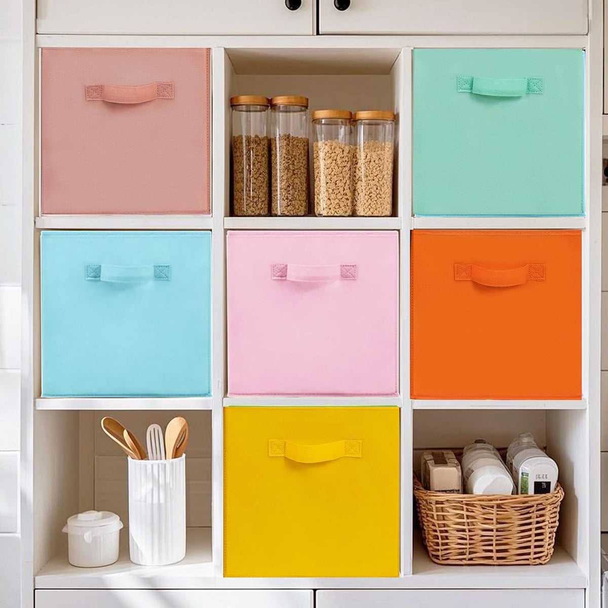 11x11 Storage Bins, Set of 3 Storage Cubes, Collapsible Cube Storage Box, Fabric Closet Organizers with Handles for Home, Office, Closet Shelf Cabinet, Bookcase, Multi-Color
