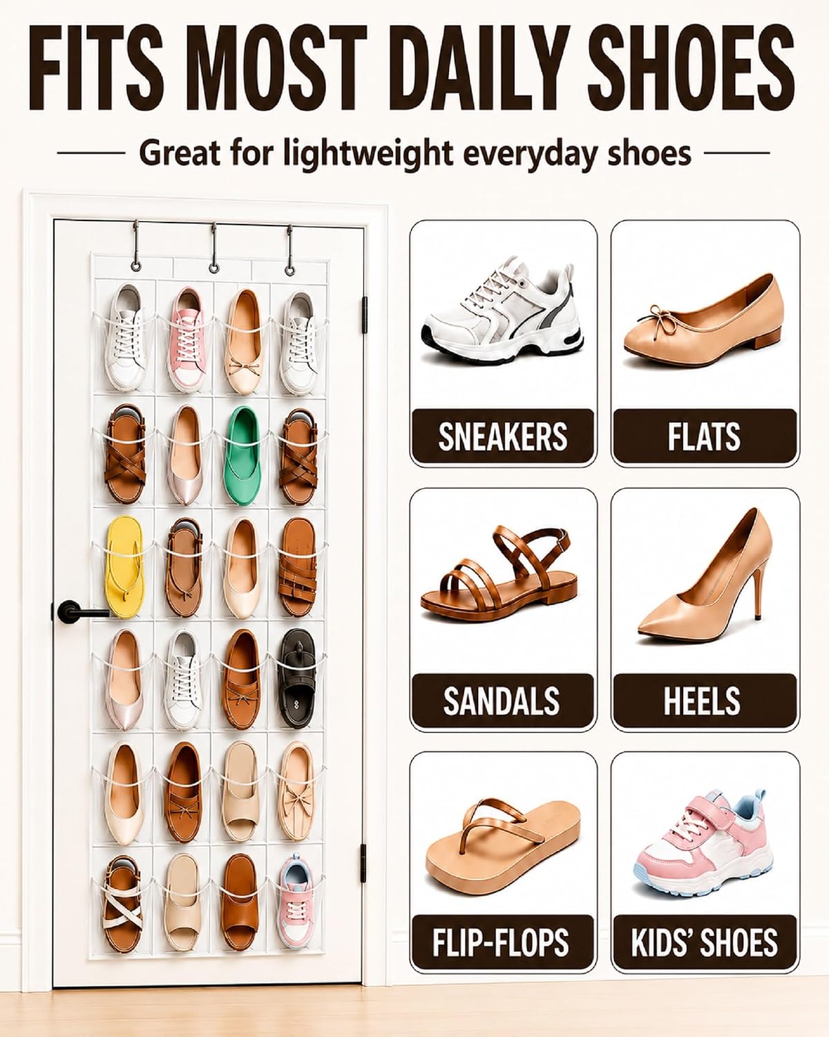 Over-the-Door Shoe Organizer with 24 Crystal Clear Pockets, White