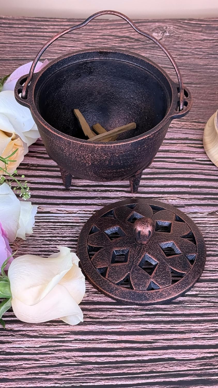 YIMIFLA Incense Burner Holder with Lid and Handle Cast Iron Cauldron 4.9" Frankincense Resin Charcoal Incense Burner Great for Yoga, Spa Aromatherapy, Smudging, Ritual & Blessings (Red Bronze)