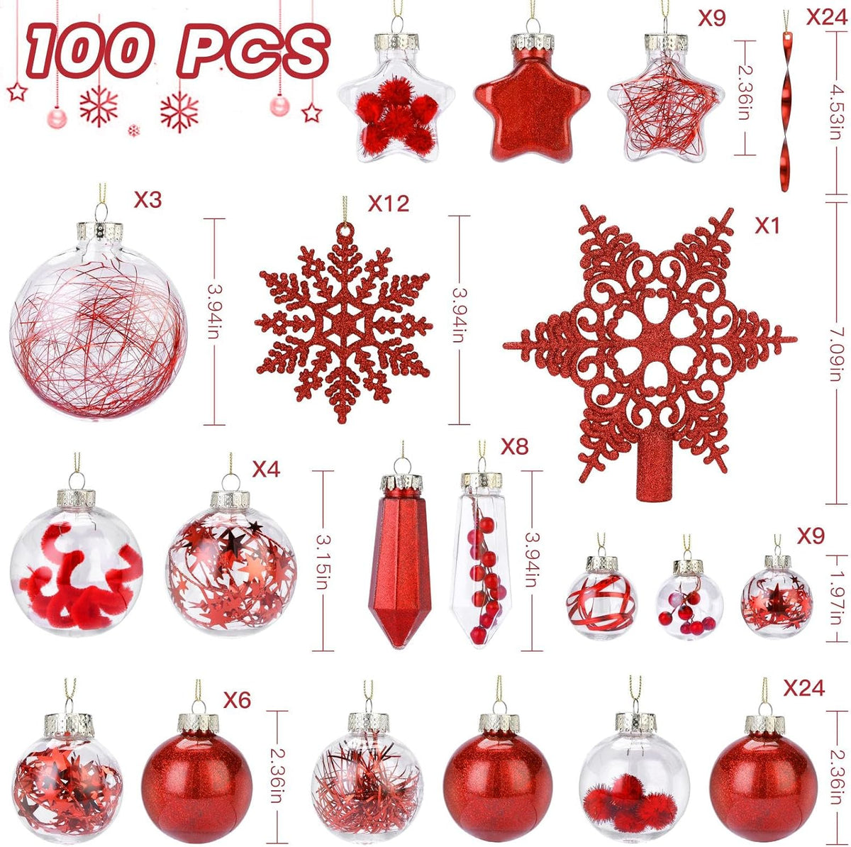 SHareconn 100PCS Christmas Tree Ornaments Clear Set, Red