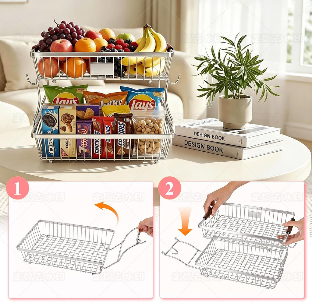 2-Tier Stackable Wire Basket with 2 Banana Hooks, Pantry Organizer for Kitchen Countertops, Cabinets & Under-Sink Spaces; Ideal for Storing Snacks, Fruits, Veggies, Onions, Potatoes, & More,Chrome