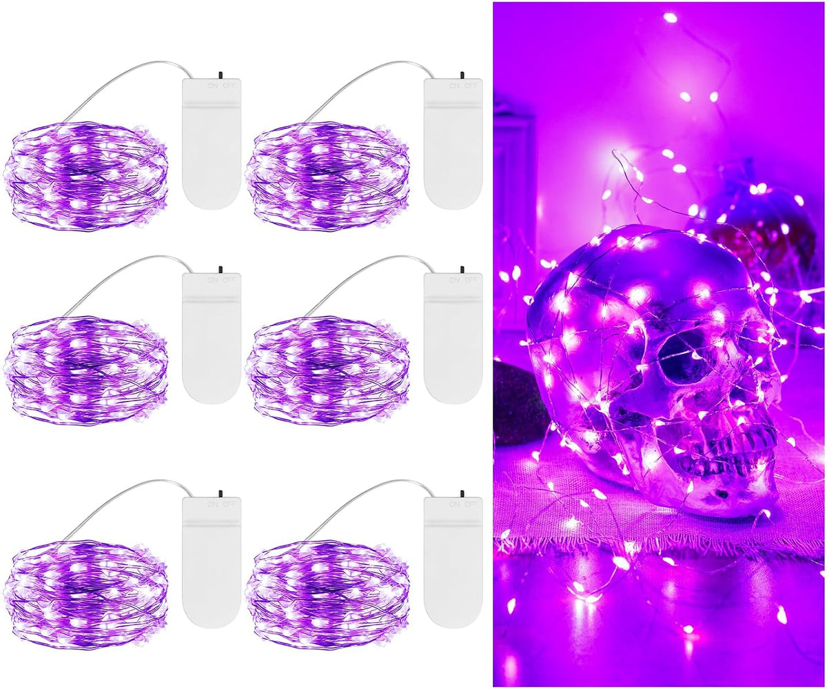 Halloween Purple Fairy Lights Battery Operate,7.2ft 20 LEDs String Lights Silver Copper Wire for Hallowen Christmas DIY Decoration Wedding Party (6 Pack)