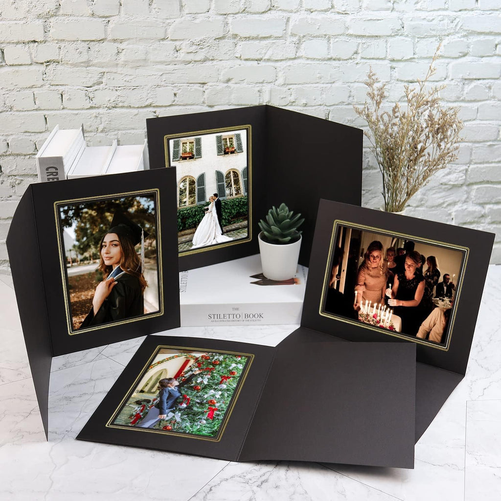 Golden State Art, Pack of 10, 5x7 Photo Folders, Cardboard Picture Frame, Paper Frame Cards, Greetings/Invitation Special Events: Graduation, Christmas (Black with Gold Lining)