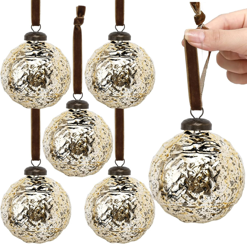 Threan 6 Pcs Vintage Gold Mercury Glass Christmas Ornaments, Polka Dot