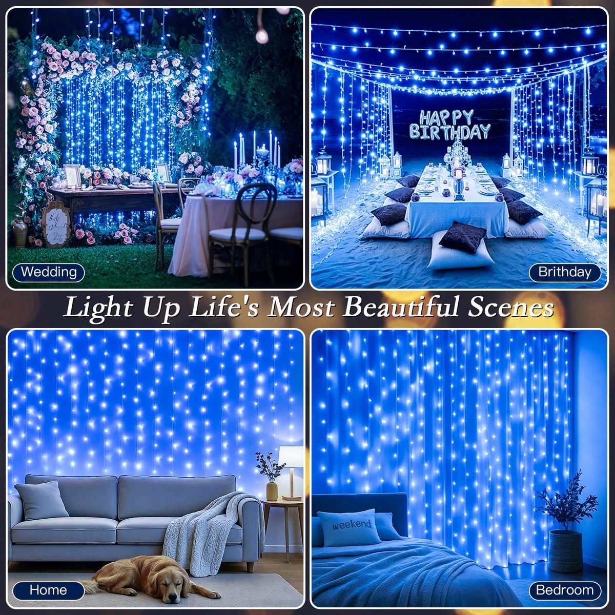 300 LED Blue Curtain String Lights 9.8x9.8FT, Plug in Fairy Lights with 9 Hooks, Dimmable Timer 8 Modes, IP44 Waterproof, Ocean Starry Boys Bedroom Wall Christmas Party Window Indoor Decor