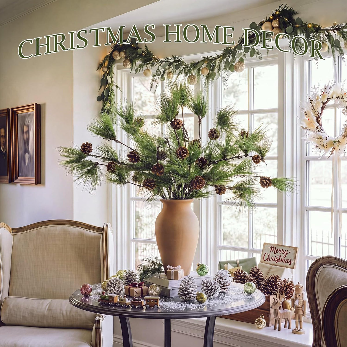 Wavwavw 6 Pcs 25.5 Inch Christmas Artificial Pine Branches with Pine Cones