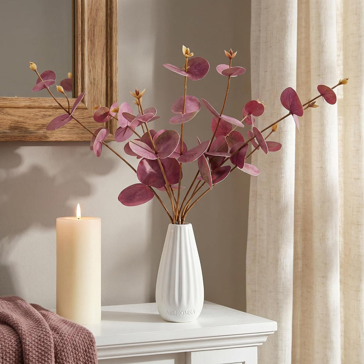 Artificial Eucalyptus Stems with Ceramic Vase for Home Decor,Dusty Purple