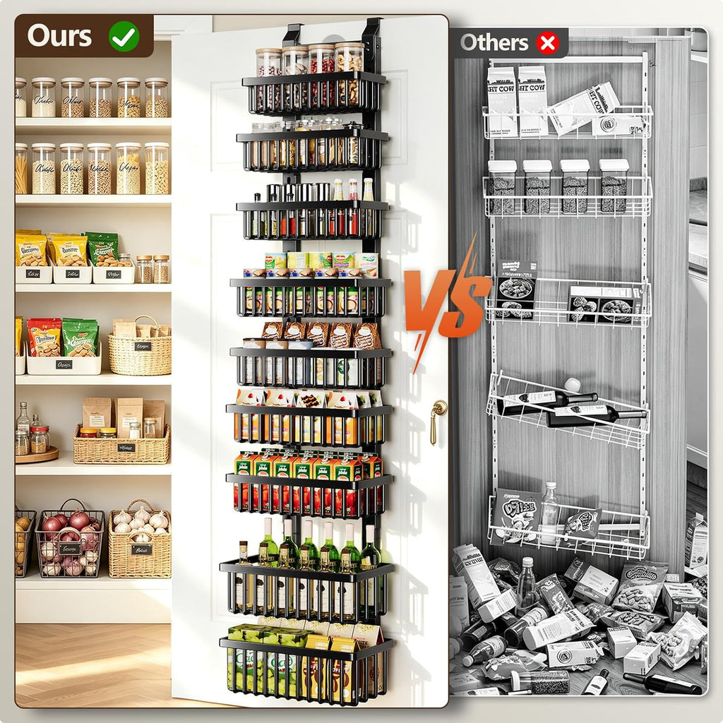 POKIPO 9 Tier Narrow Over The Door Pantry Organizer, 2 in 1 Wall Mount or Hanging Spice Rack with Adjustable Deep Basket, Heavy-Duty Seasoning Organizer and Storage for Kitchen Closet Bathroom