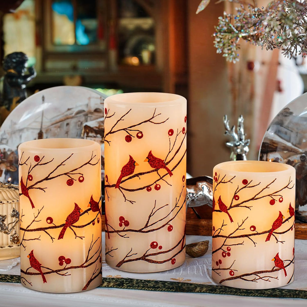 Cardinal Flameless Candles with Timer, Battery Operated Led Flickering Light, Red Bird Real Wax Pillar Candles for Christmas Home Decoration(Set of 3, 3”x4”5”6”)