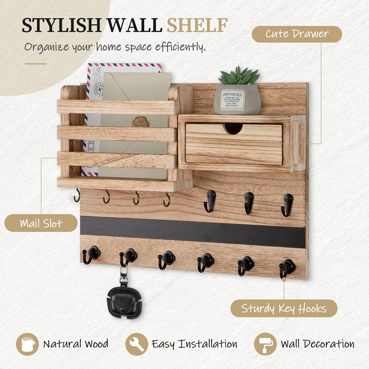 Nekon Key Holder Wall Mount with Drawer, 14.5" Mail Holder, Wood