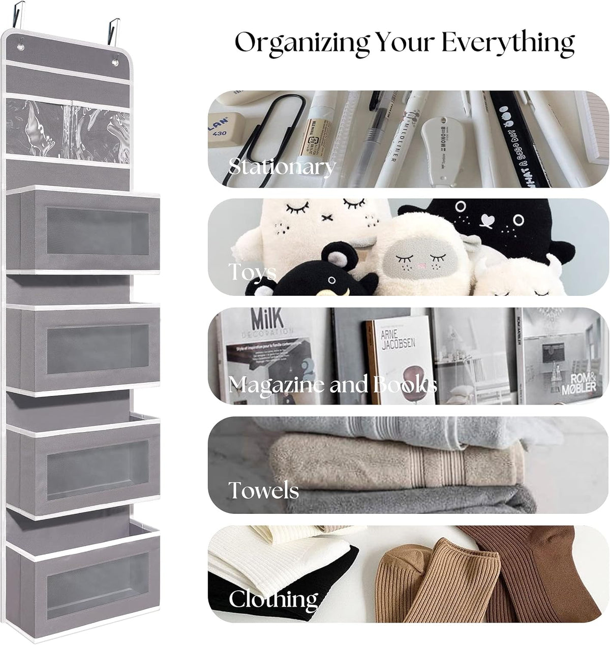 GCreation Over Door Organizer for Bedroom Bathroom Pantry, 5 Shelf Gray