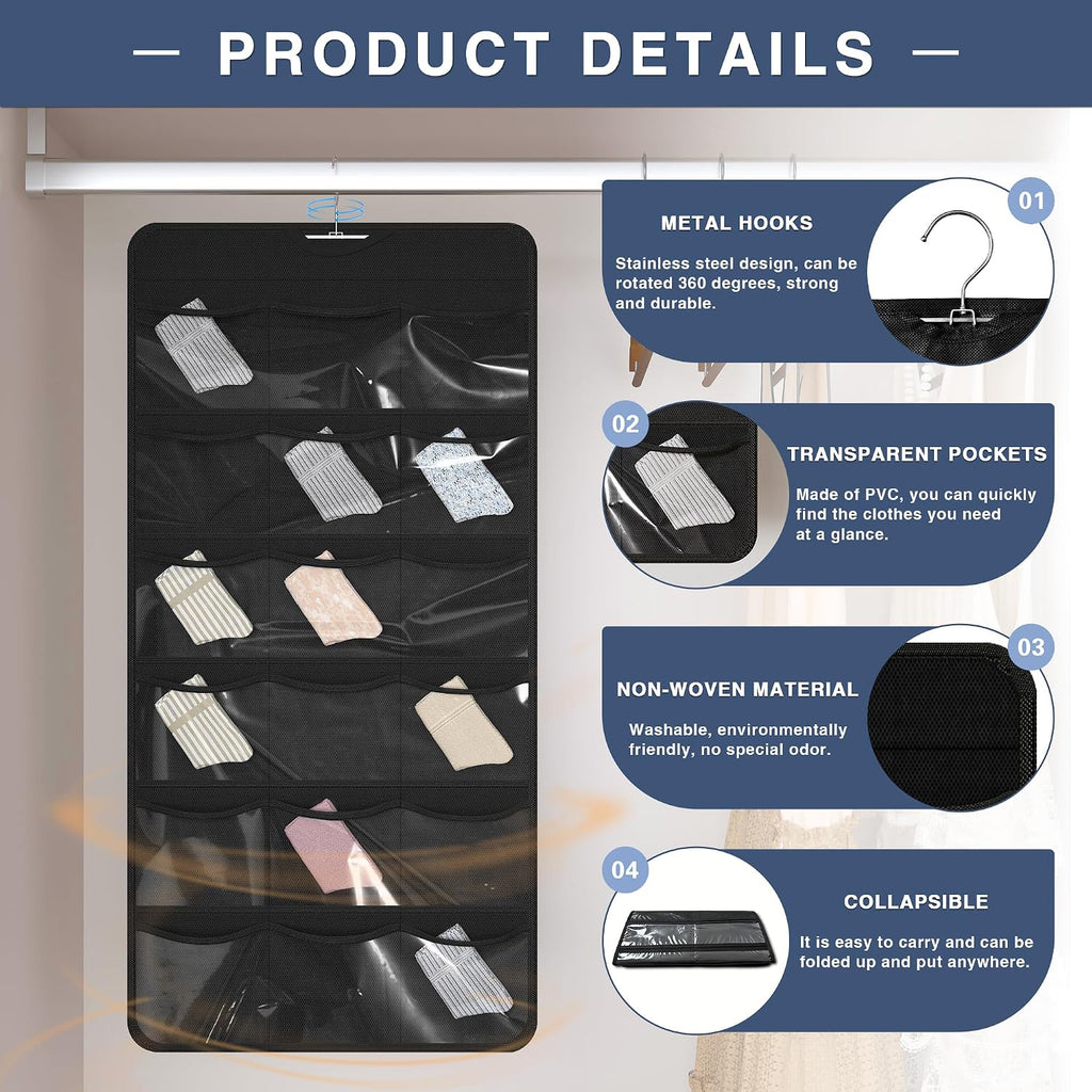 26-Pocket Hanging Closet Organizer for Socks and Underwear, Black