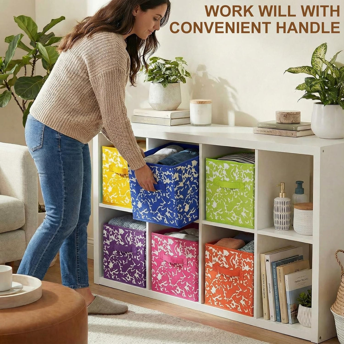 LemonRoad 6 Fabric Cube Storage Bin 11'' Classroom Bin, Rainbow, Classic