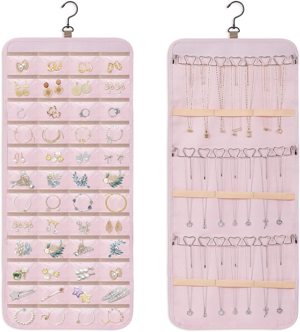 Dynoro Double-Sided Hanging Jewelry Organizer, Large Pink Storage Roll for Earrings, Necklaces, Rings, 48 Pockets 21 Hooks, Durable Oxford Fabric for Closet, Wall, Door, 1 piece, Jewelry Not Included
