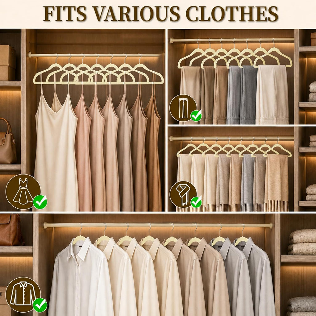 Velvet Felt Hangers 50 Pack, Non Slip, Slim, Space Saving, Ivory