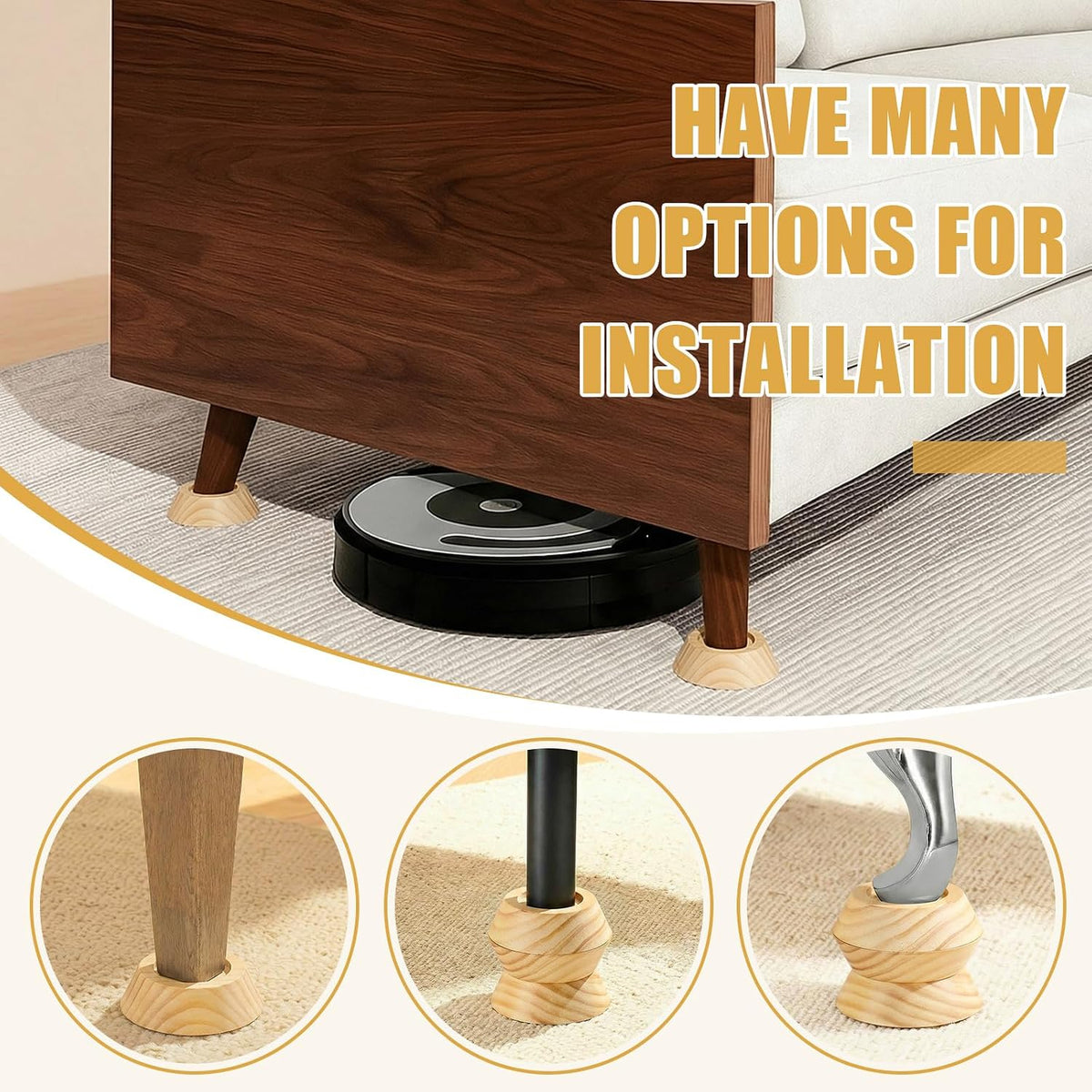 Novabright Set of 8 Solid Wood Furniture Risers Bed Risers Heavy Duty Round Furniture Height Extenders Lifts with Non-Slip Recessed Hole for Bed, Sofa, Chair, Table (1" Hight,Wood Color)