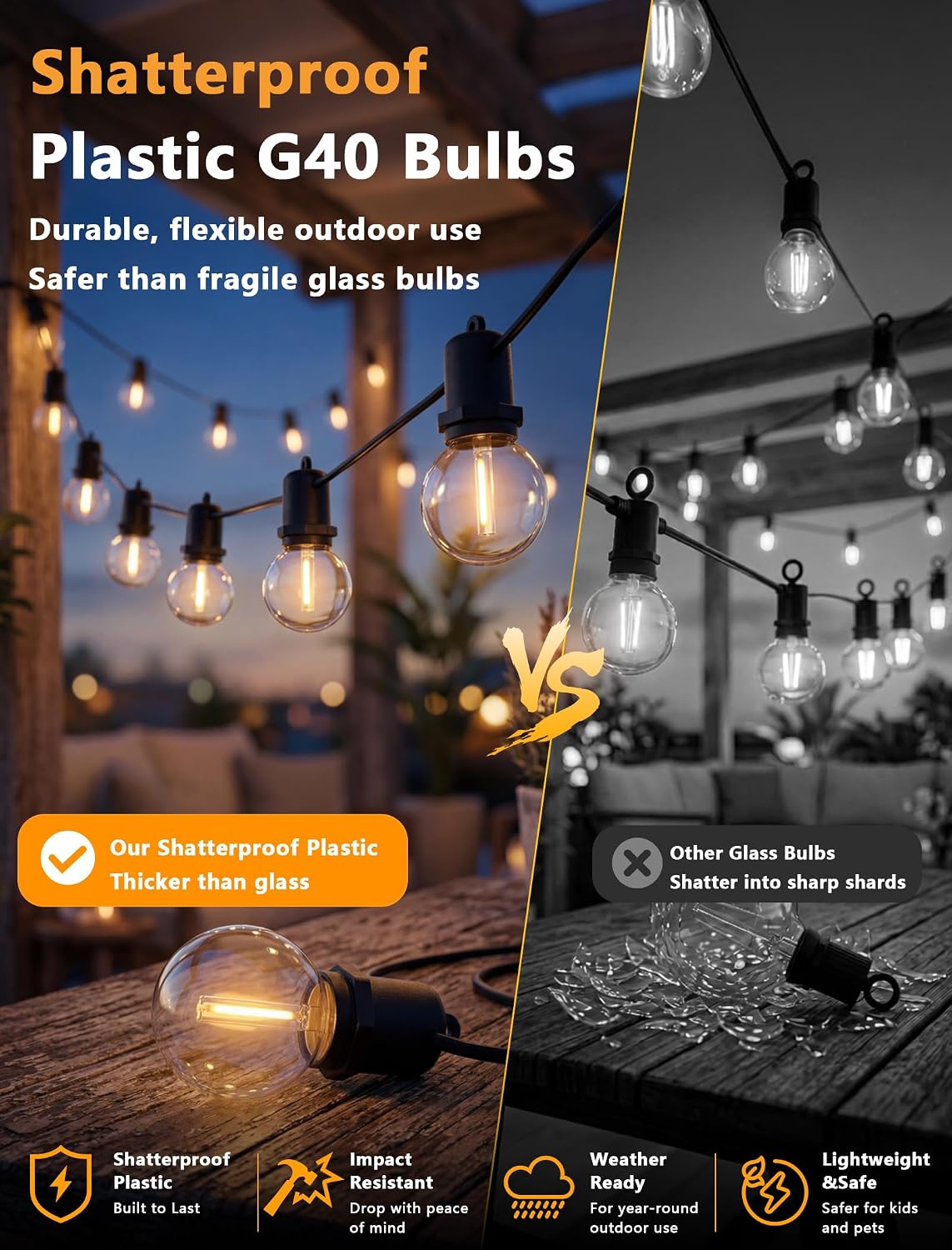 G40 LED Outdoor String Lights, 25FT, 12 Globe Bulbs, Black Wire