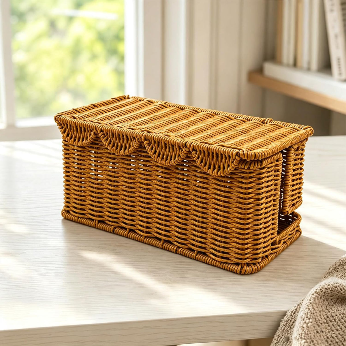 Handmade Rattan Cable Management Box, L Dual Slot Cord Hider Organizer Box