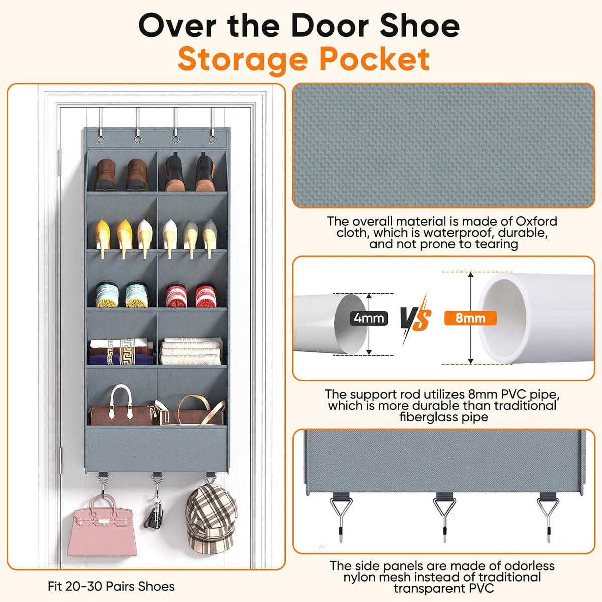 Over the Door Shoe Organizer, 5 Tiers with 9 Compartments, Grey