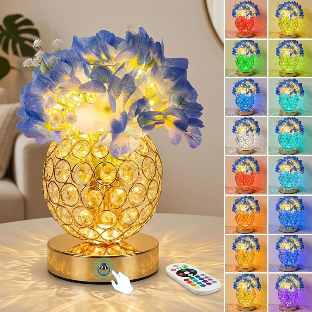 Flower Table Lamp, 16 Color Changing Hydrangea Crystal Night Light with Remote, Touch Dimming Artificial Flower Light, Romantic Flower Decoration Gifts for Girl Women Mom (Blue-Hydrangea)