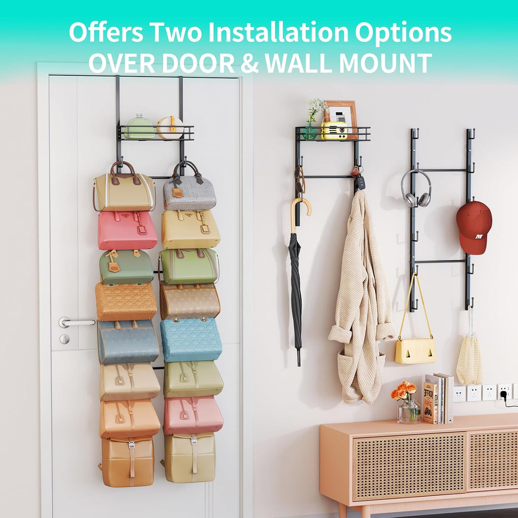 HapiRm Over the Door Purse Organizer - Wall Mounted Purse Rack with 16 Hooks and Metal Basket, Hanging Handbag Organizer Holds up to 16 Bags, Bag Rack Can Use As 1/2 Part, for Door, Closet (Black)