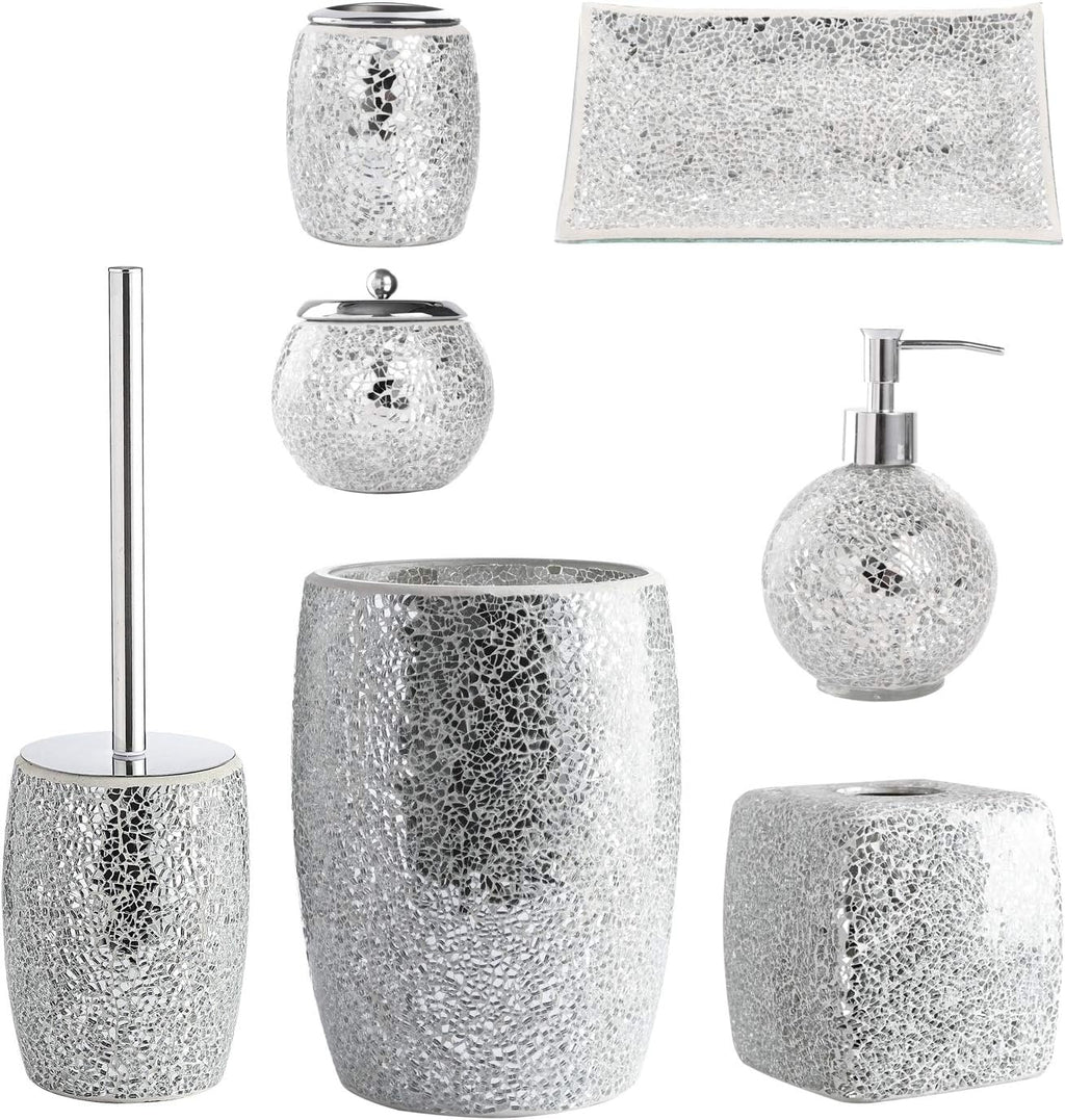 WHOLE HOUSEWARES Modern Toilet Brush Set (Silver) - Glass Mosaic Bathroom Accessory with Sturdy Bristles and Holder